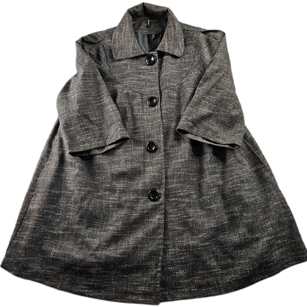 Ambition Coat Womens 1X Gray‎ Textured Lined 3/4 Sleeve Collared Single Breasted
